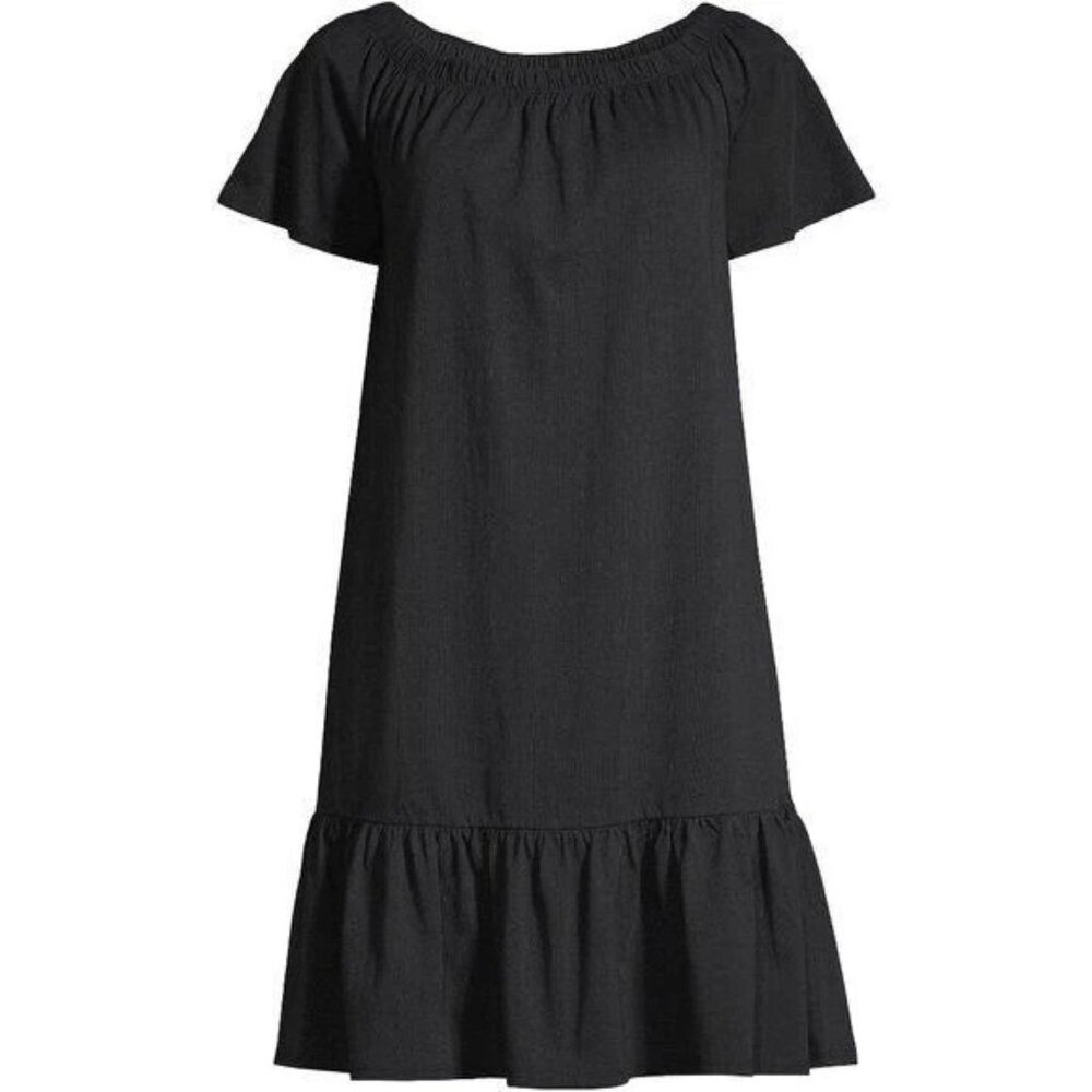 Lands' End Women's M-1X LONG Cotton Off Shoulder Ruffle Hem Swim Coverup Dress